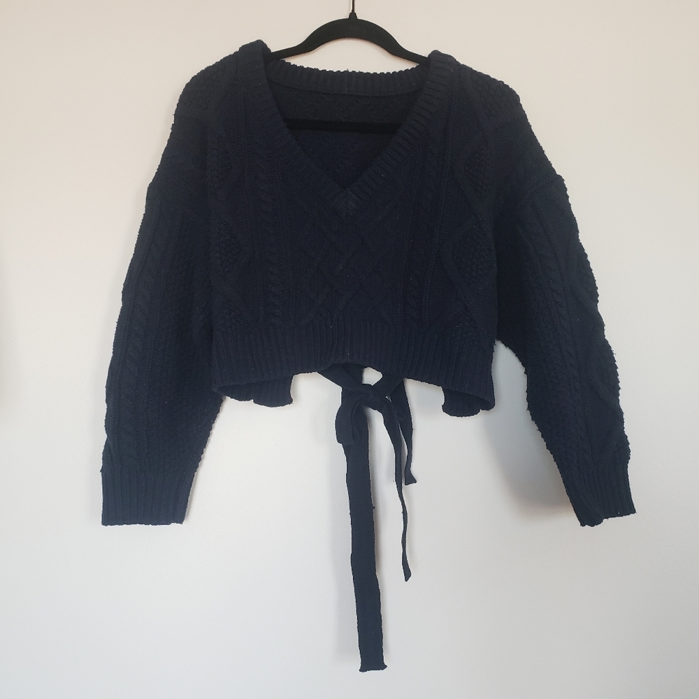 Open Tie Back Cable Knit Sweater